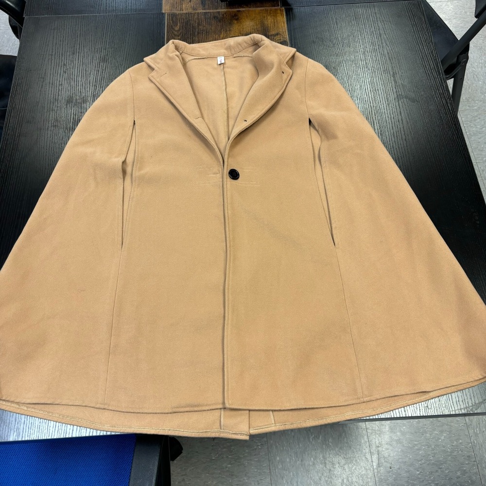 OrderPlus Women Camel Tan Cape Coat Single Button Notched‎ Lapel Poncho Jacket S
